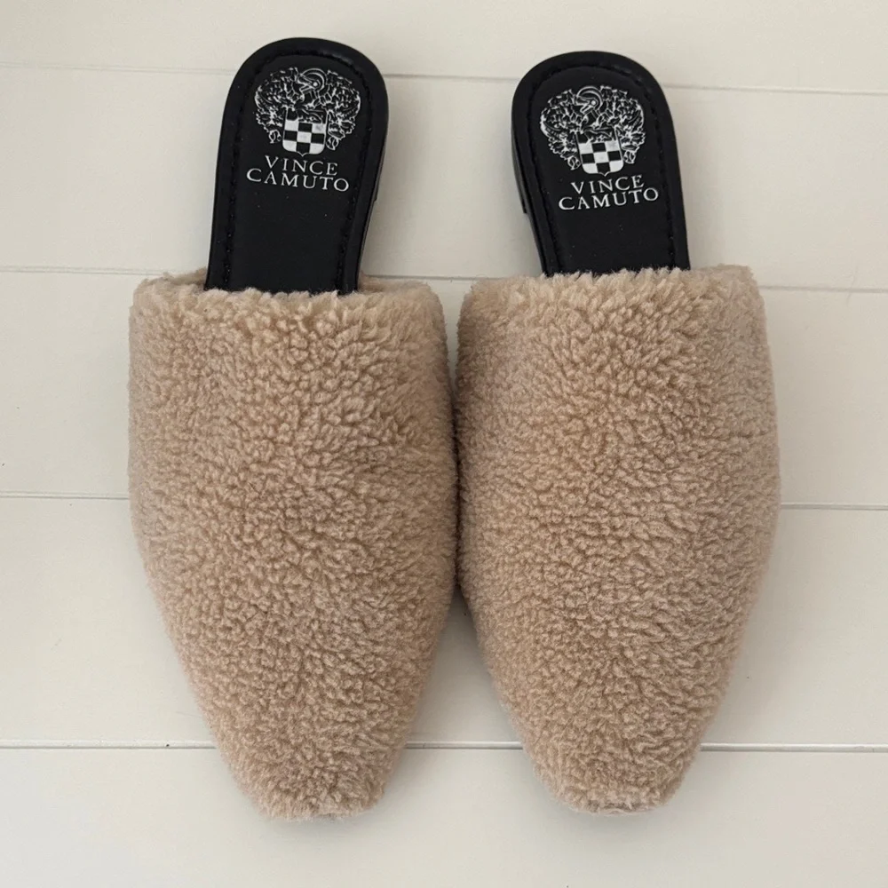 Vince Camuto Beige Faux Shearling Pointed Slip-On Mules - Picture 2 of 6